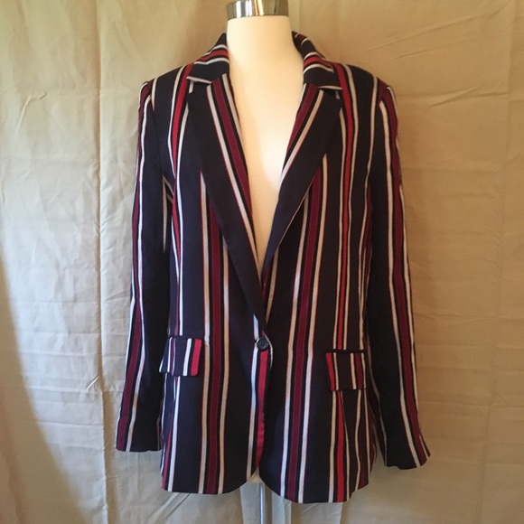 H&M Red Blue White Striped Blazer NWT Sz 12 - Picture 2 of 8